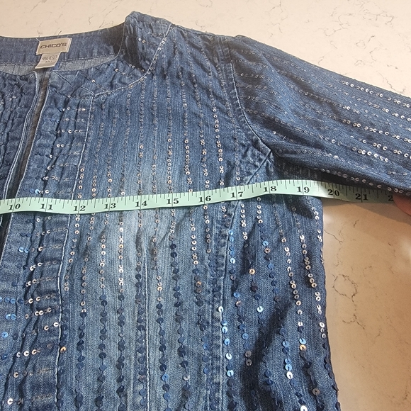 Chico's 100%cotton all sequins open front blue jean jacket size 1 Medium - Picture 13 of 16